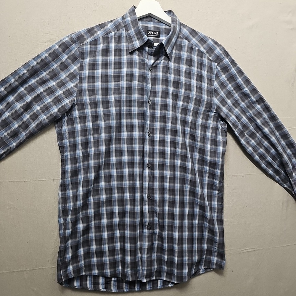 Ermenegildo Zegna Centoquaranta Twill Mens Medium Gray Blue Plaid Button-Down
